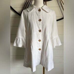 Luii by Anthropology White Linen Button-Up Coat with Ruffle 3/4 Sleeves